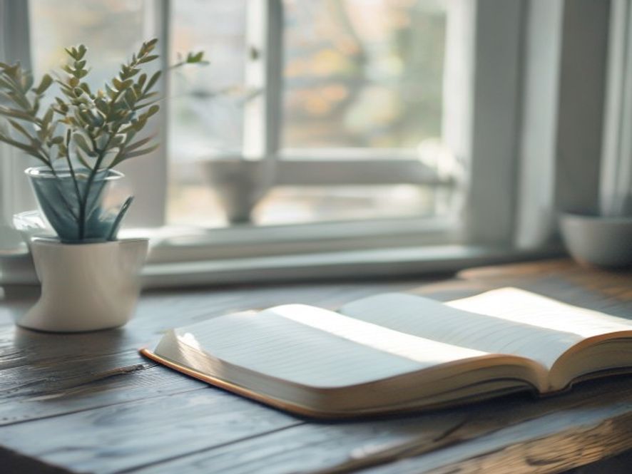 Serene workspace with notebook and warm light in the afternoon